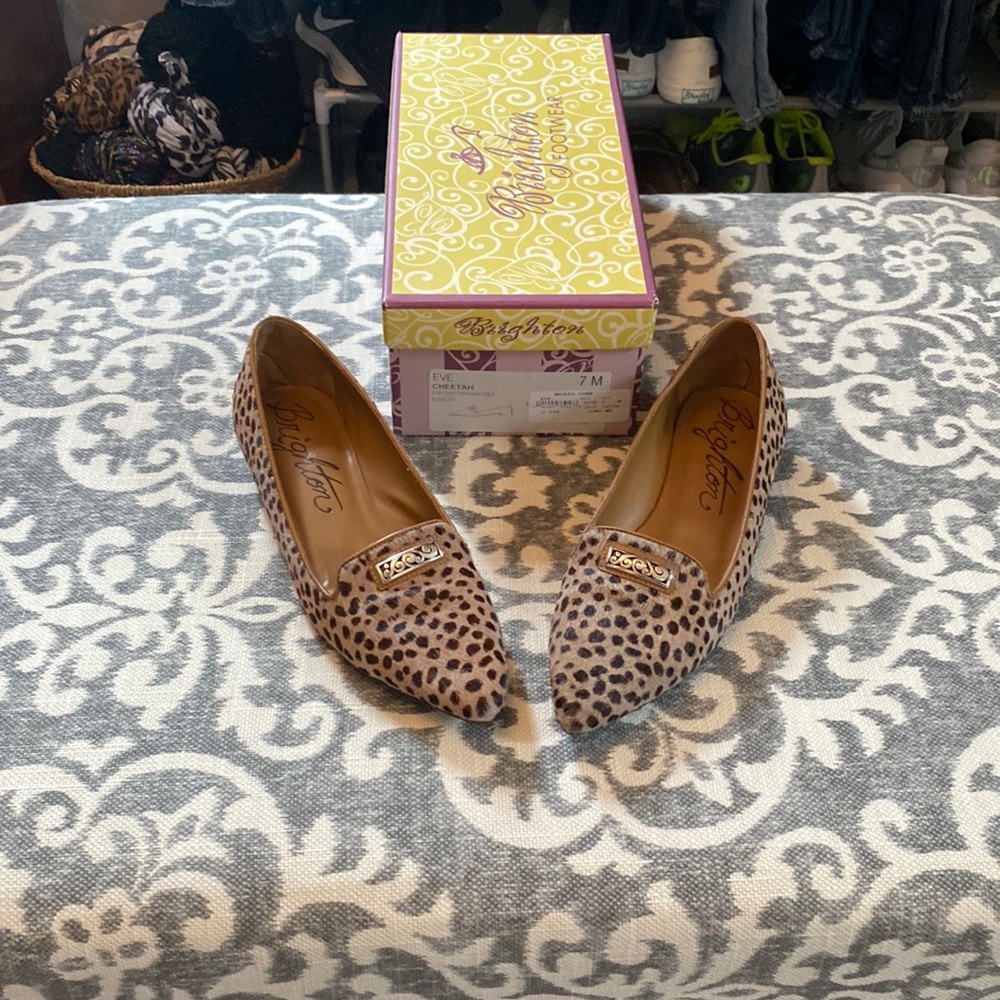 Brighton cheetah print slip on dress shoes.